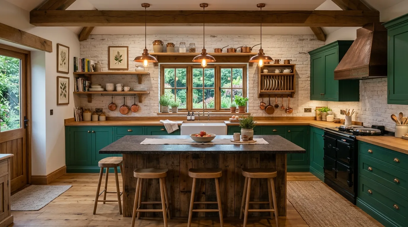 Dark green rustic farmhouse kitchen. Heritage-inspired cabinet color adding richer country character.