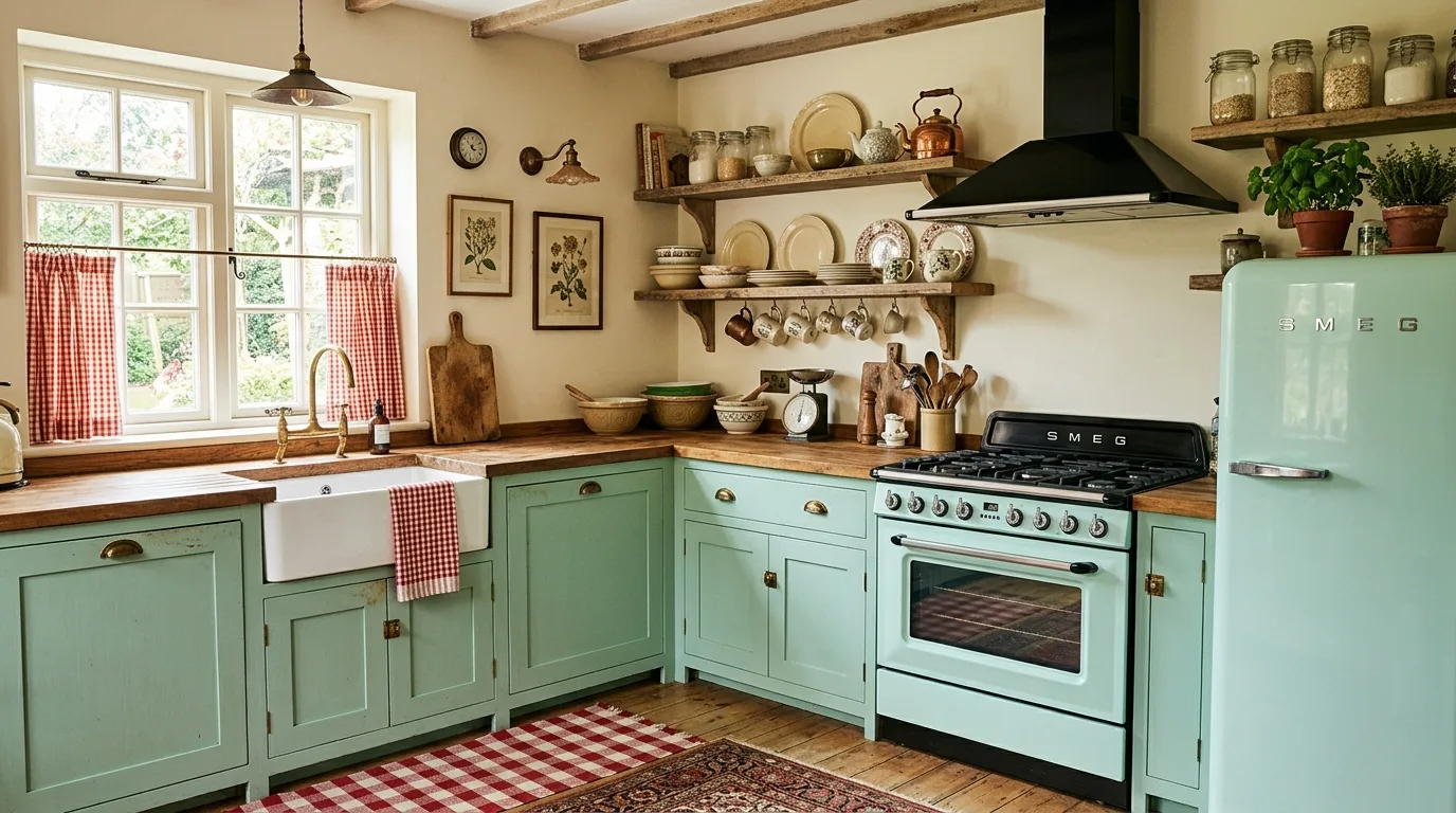 Rustic green kitchen island. A farmhouse-style island adding warmth and character to the room.