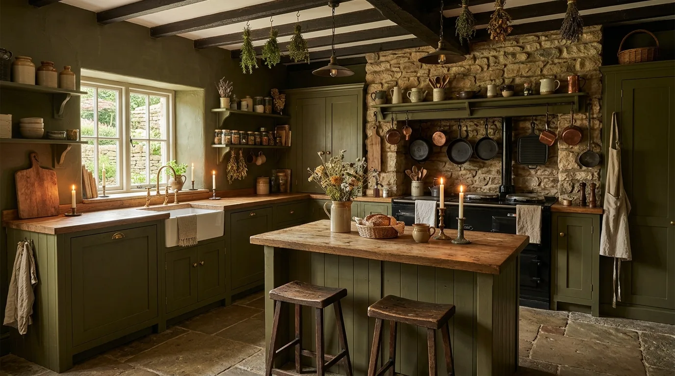 Rustic lighting in green farmhouse kitchen. Warm fixtures reinforcing the charm of a country-inspired cookspace.