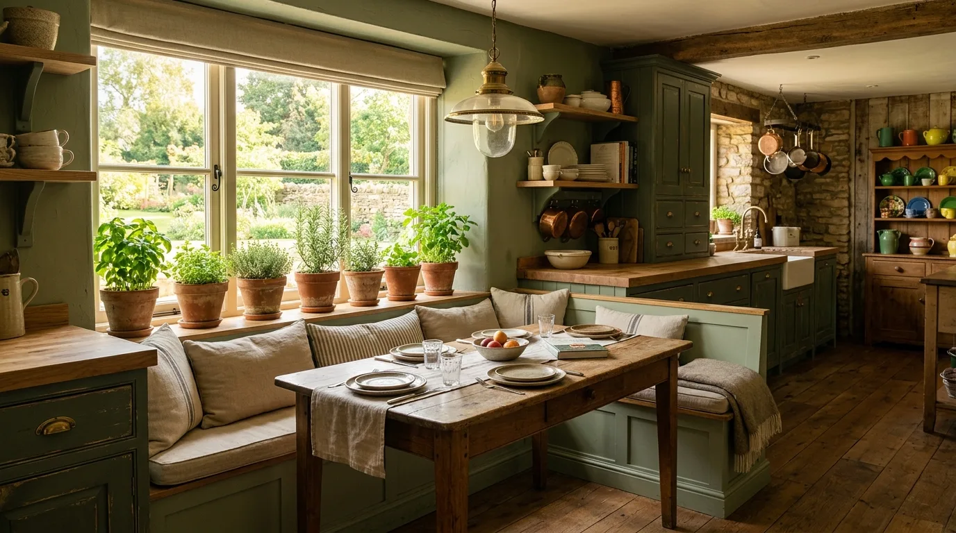 Layered green rustic farmhouse kitchen. A charming country kitchen built from warm green and natural materials.