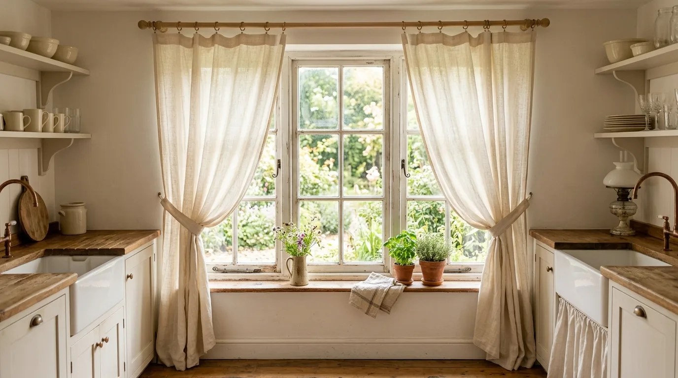 Charming kitchen curtains creating a soft window treatment with warm filtered light.