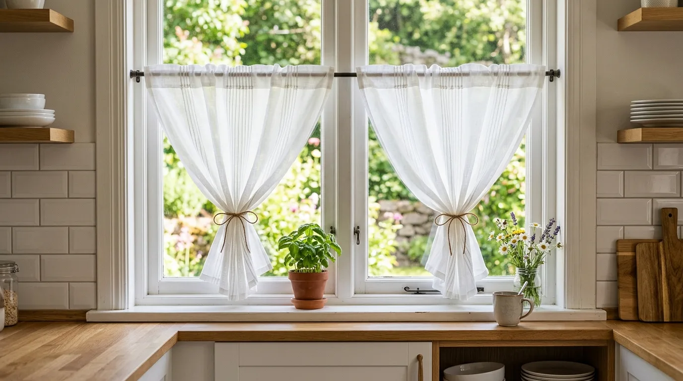 Linen kitchen curtain panels. Relaxed soft window treatment with natural texture.