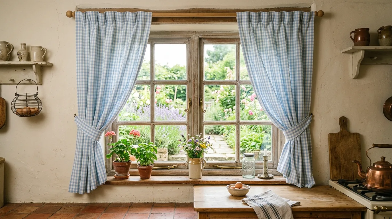 Floral kitchen curtains. Soft patterned window treatment with cottage-inspired charm.