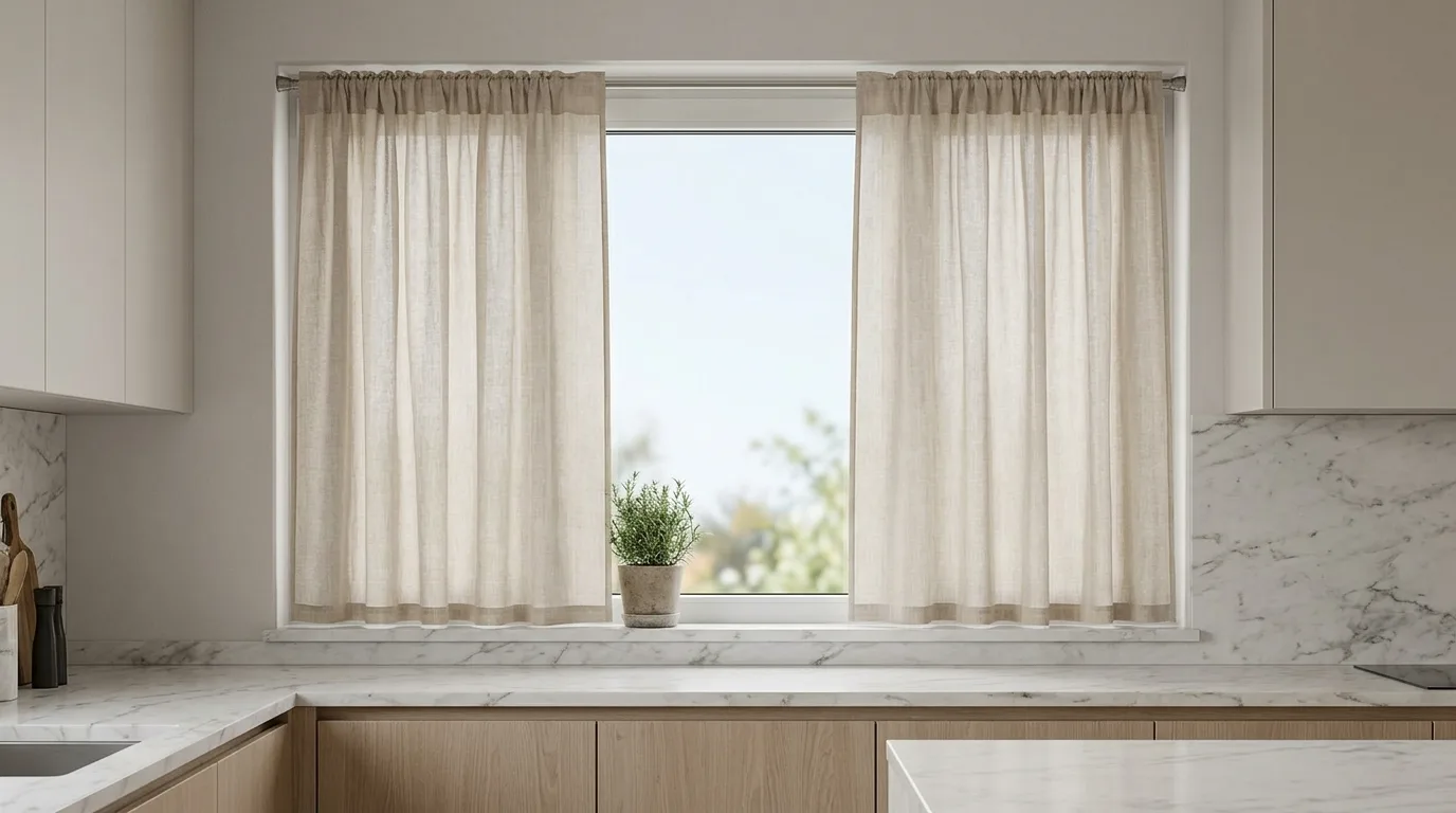 White sheer kitchen curtains. Bright soft window treatment with airy filtered daylight.