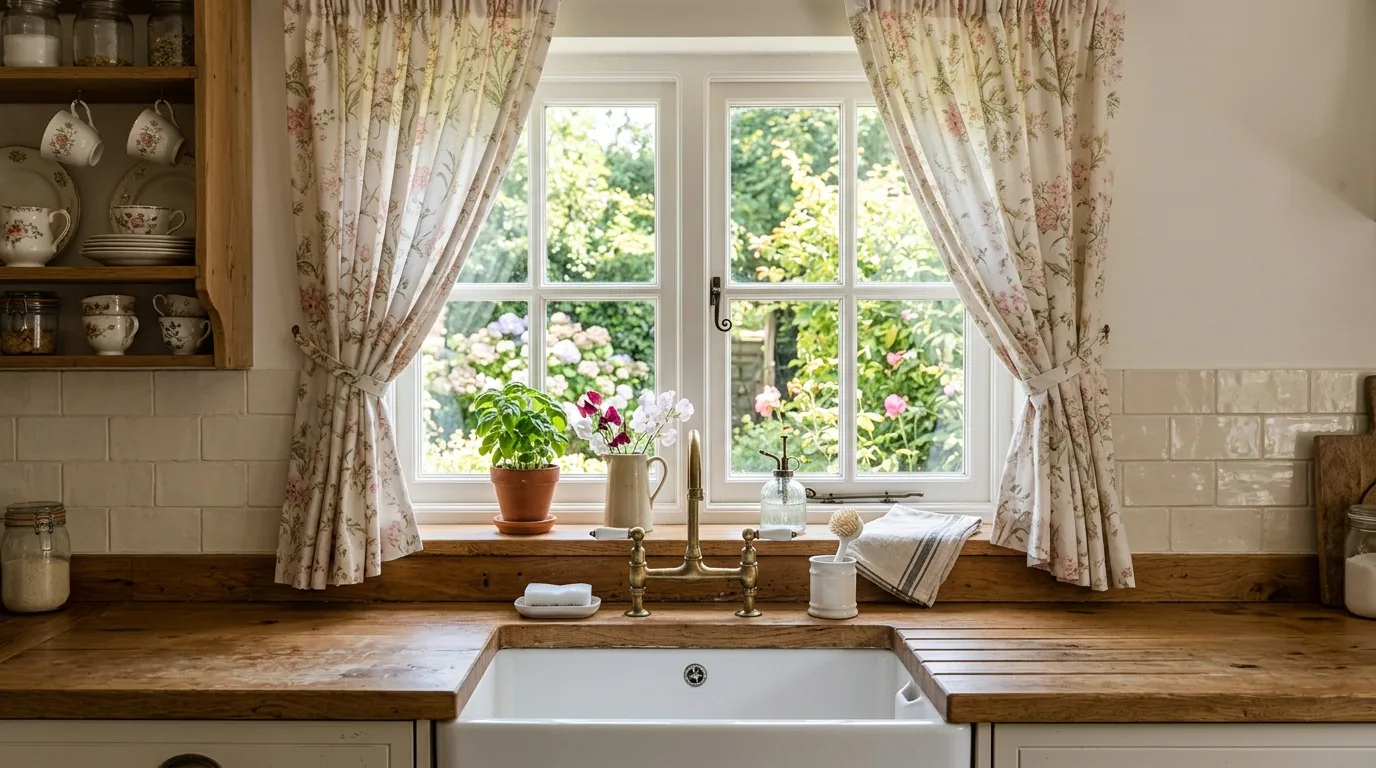 Gingham kitchen curtains. Vintage-inspired soft window treatment with classic checked fabric.