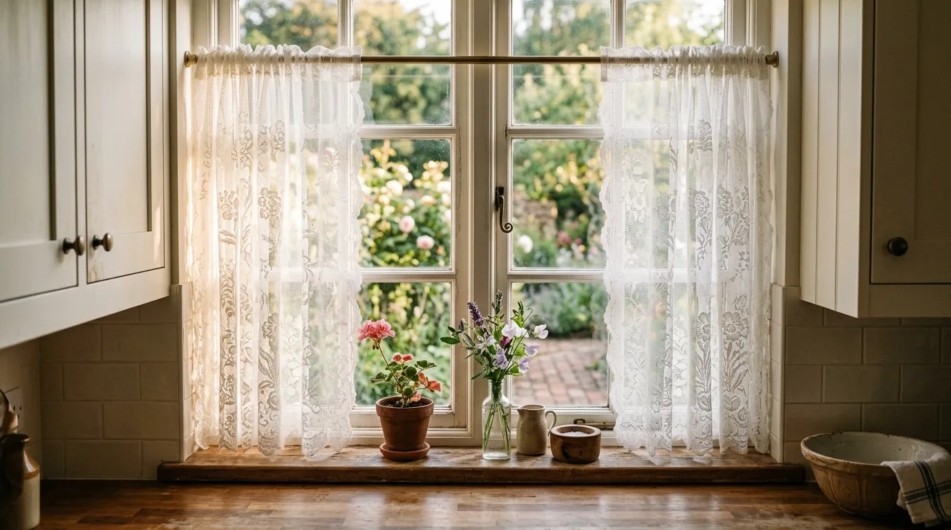 Roman shade kitchen curtain. Tailored soft window treatment in a charming kitchen.
