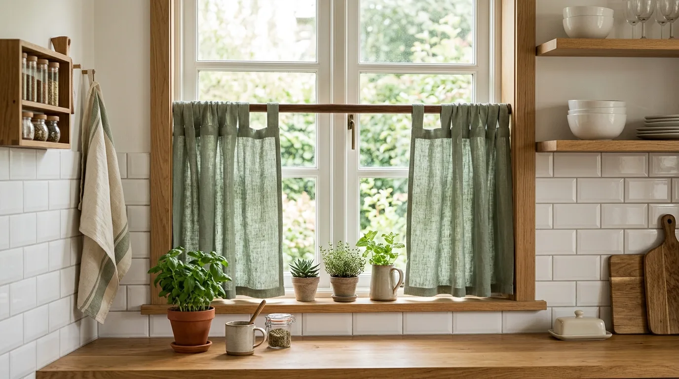 Neutral striped kitchen curtains. Soft patterned window treatment with gentle kitchen charm.