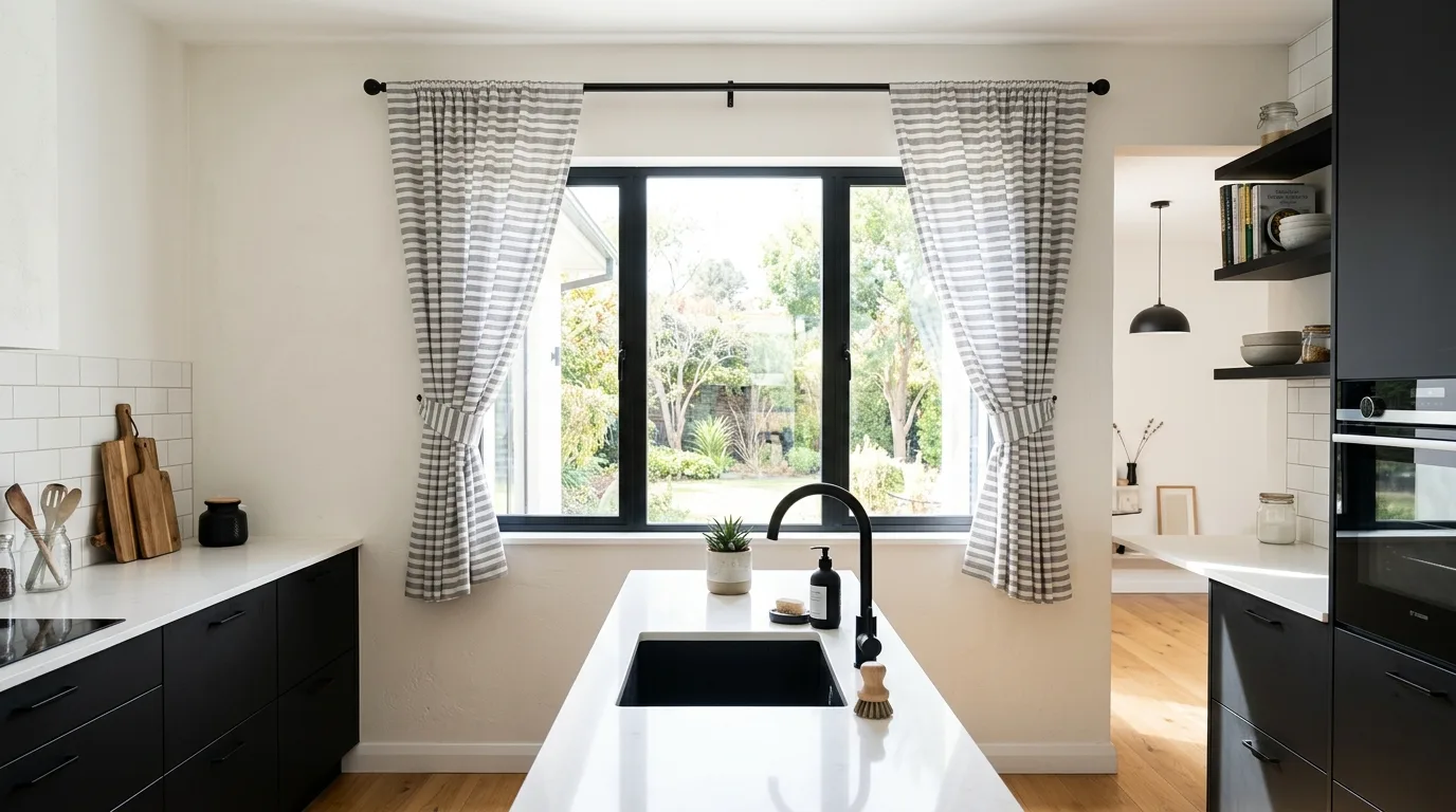 Tie-top kitchen curtains. Casual charming window treatment with relaxed fabric details.