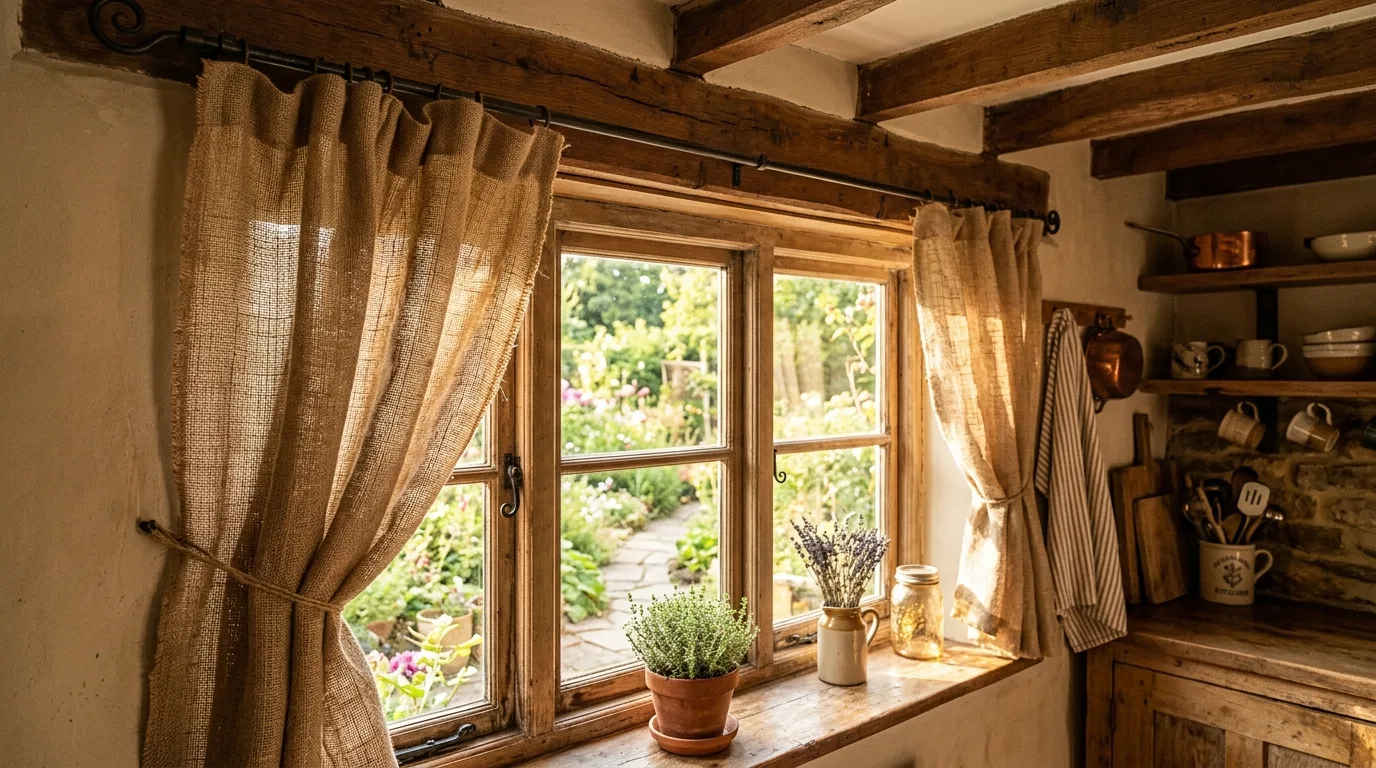 Botanical kitchen curtains. Fresh soft window treatment with nature-inspired pattern.