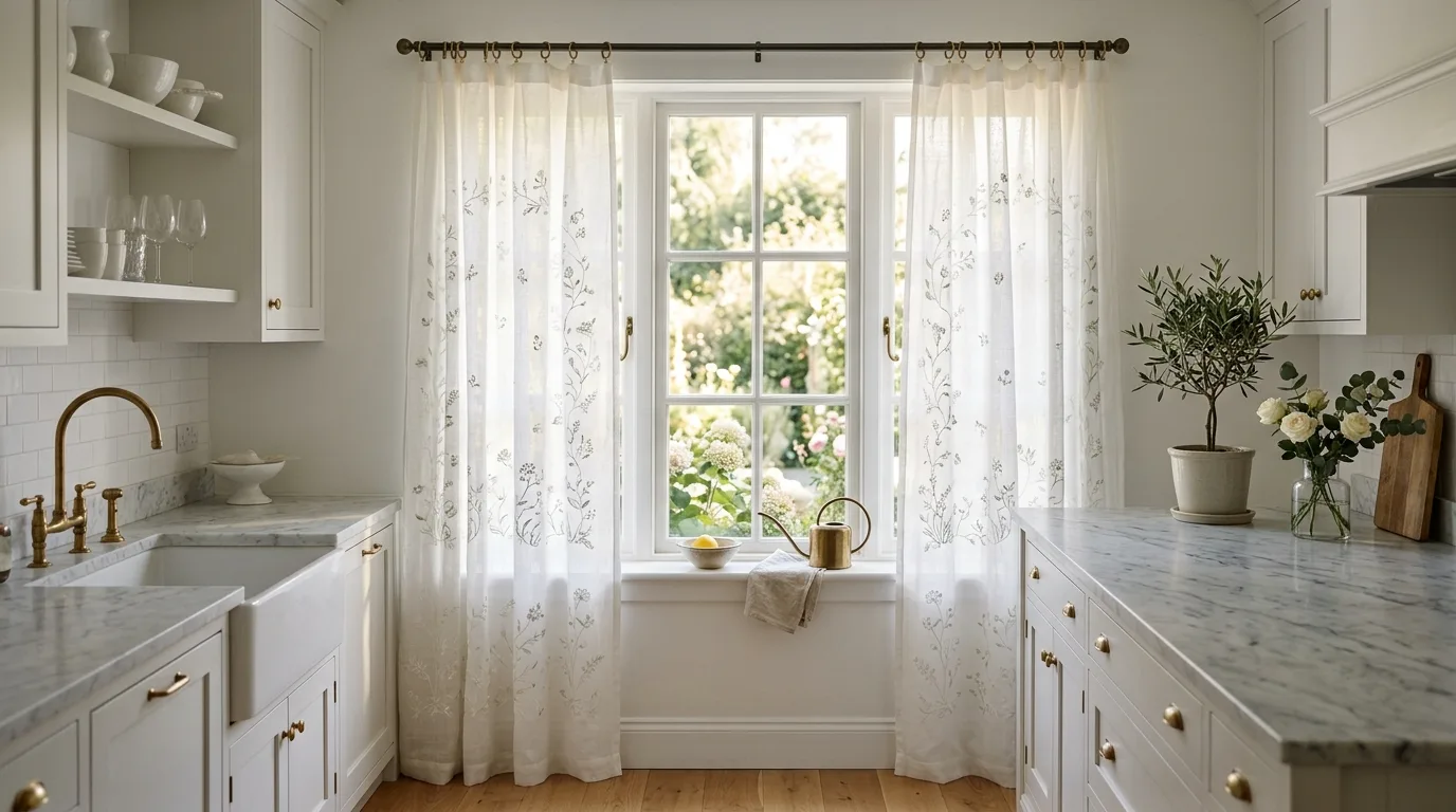 Kitchen valance curtain. Small-window treatment with soft charming detail.