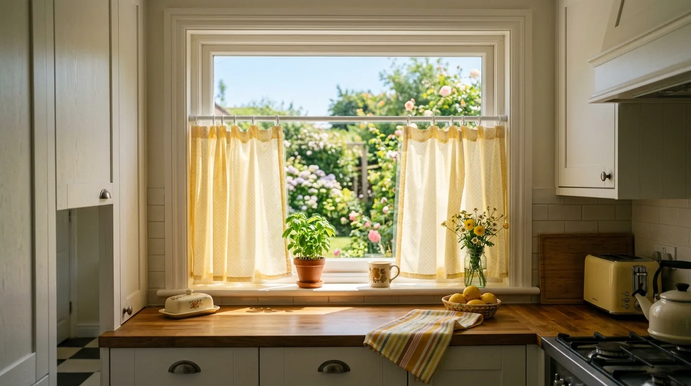 Soft blue kitchen curtains. Gentle colored window treatment in a bright white kitchen.