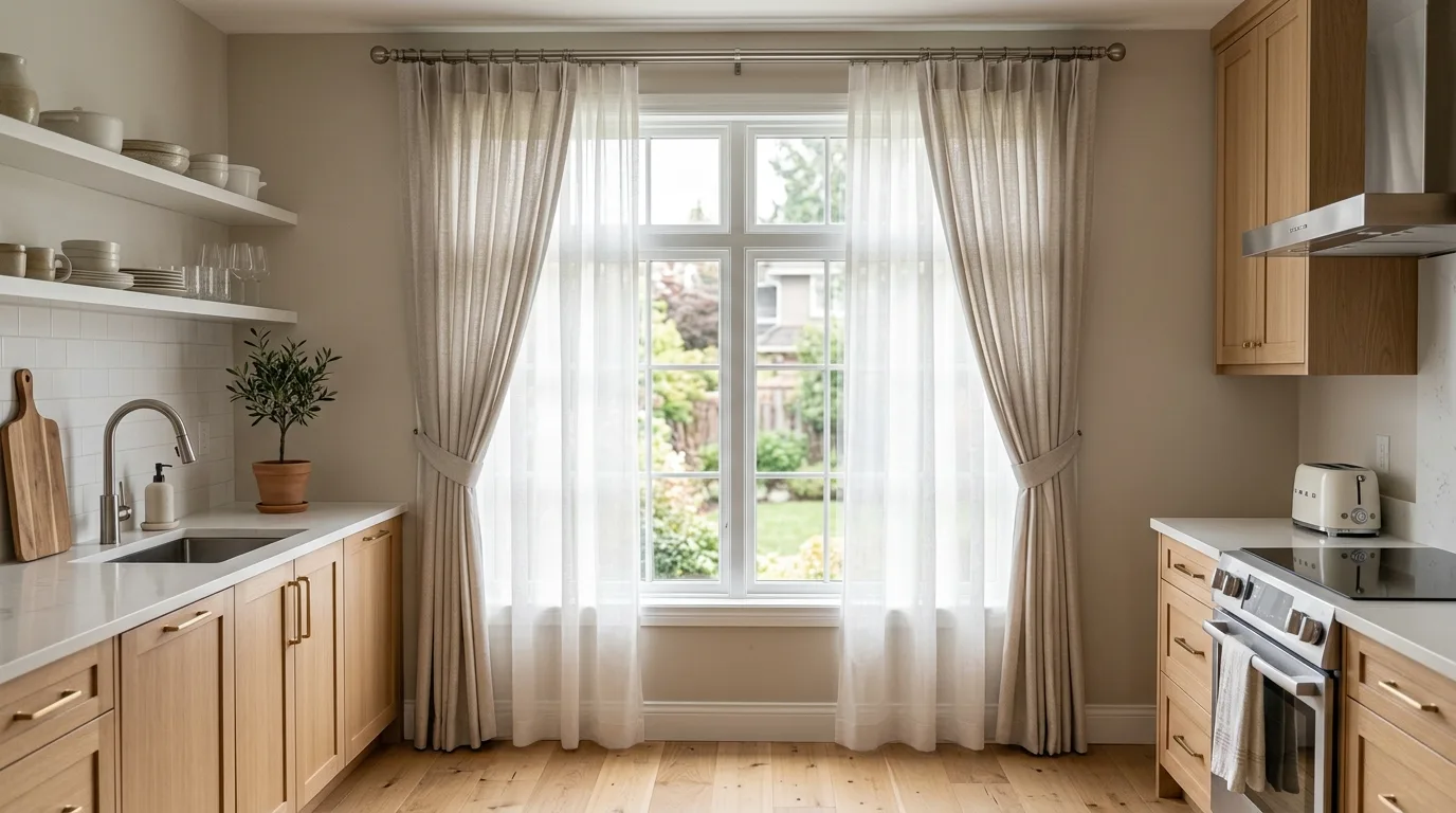 Ruffled kitchen curtains. Romantic soft window treatment with charming feminine detail.