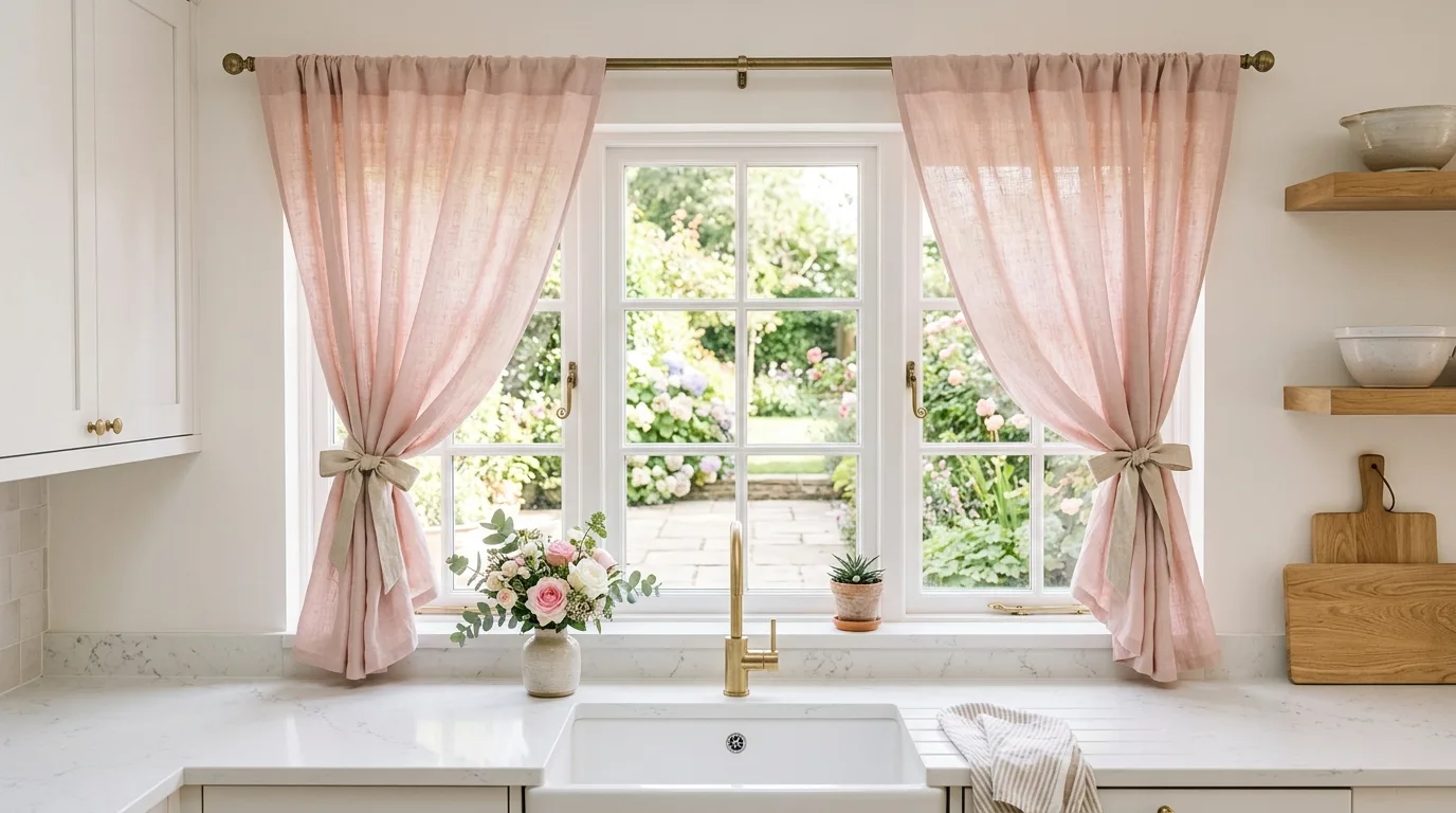 Kitchen curtains coordinated with room design. Soft window treatment echoing the kitchen's overall style.