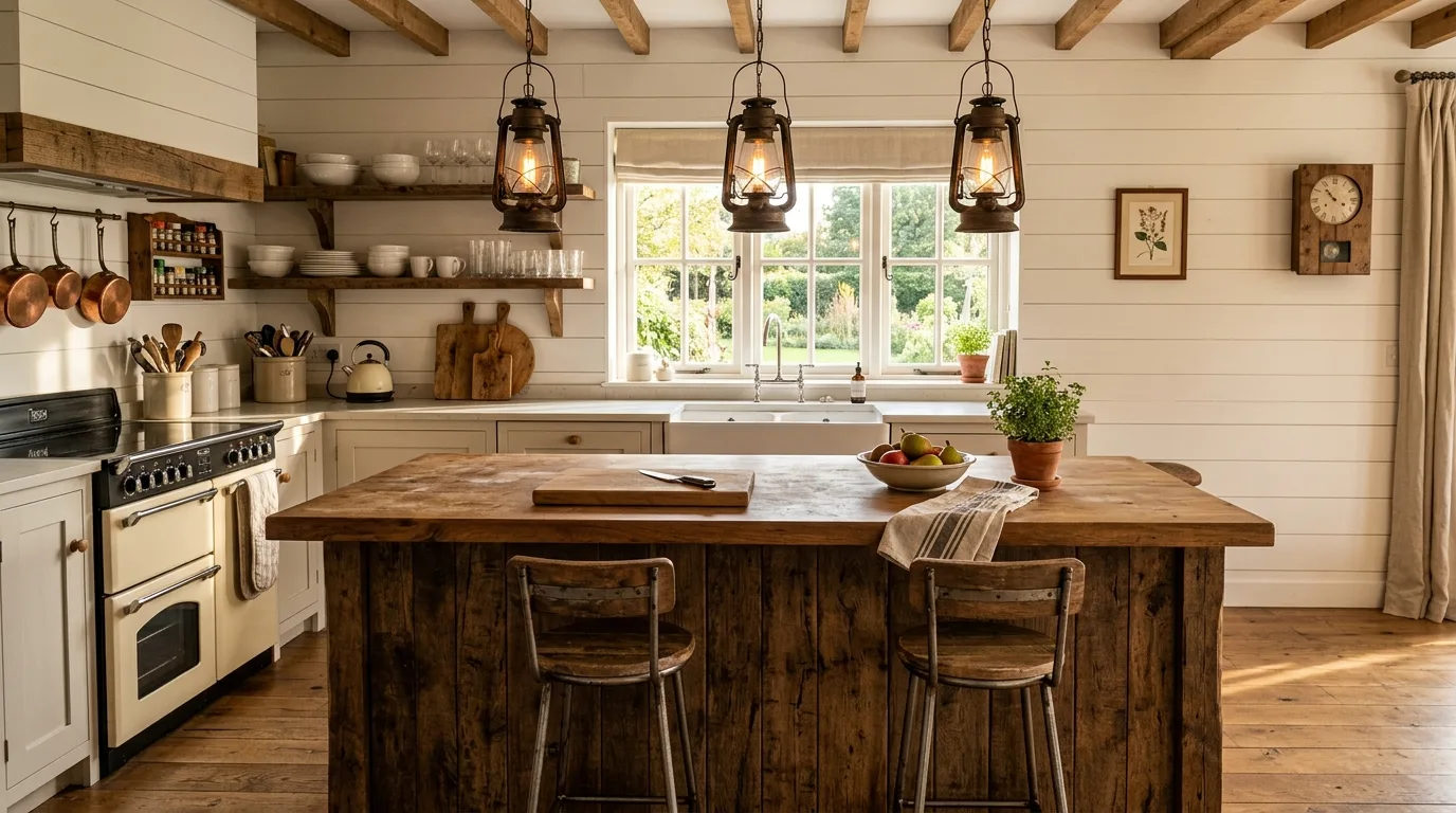 Rustic farmhouse kitchen island with warm country styling and charming natural textures.