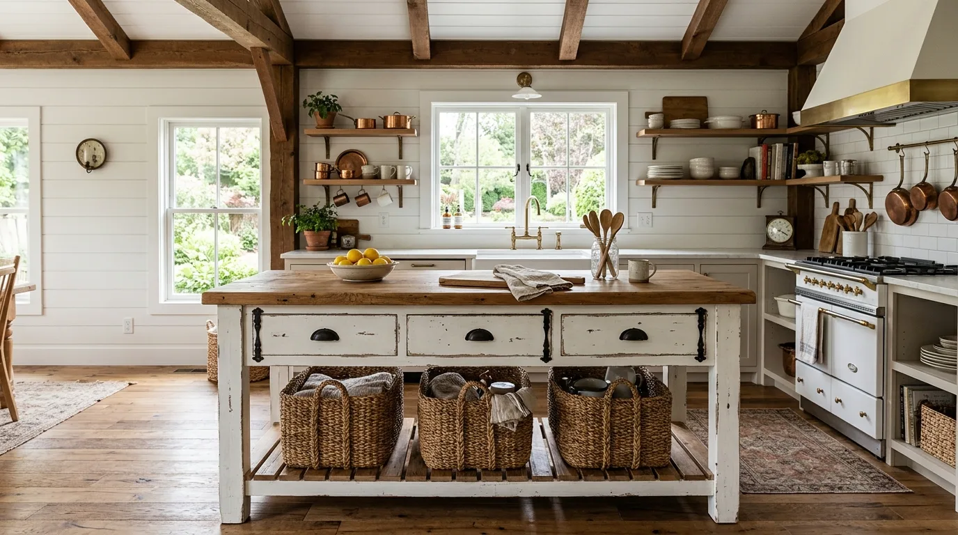 Painted farmhouse island with butcher block top. Country kitchen centerpiece with soft color and warm timber.