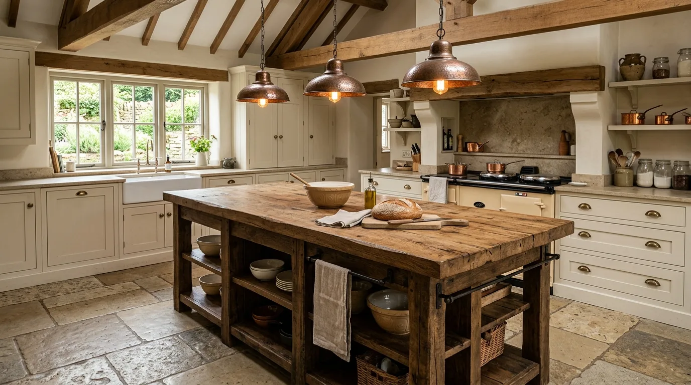 Farmhouse island with open shelf storage. Rustic country kitchen island with baskets and open shelving.