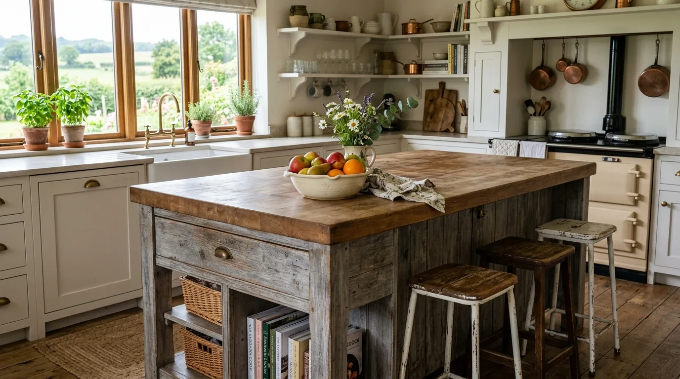 Distressed painted farmhouse island. Country-style kitchen island with soft weathered finish.