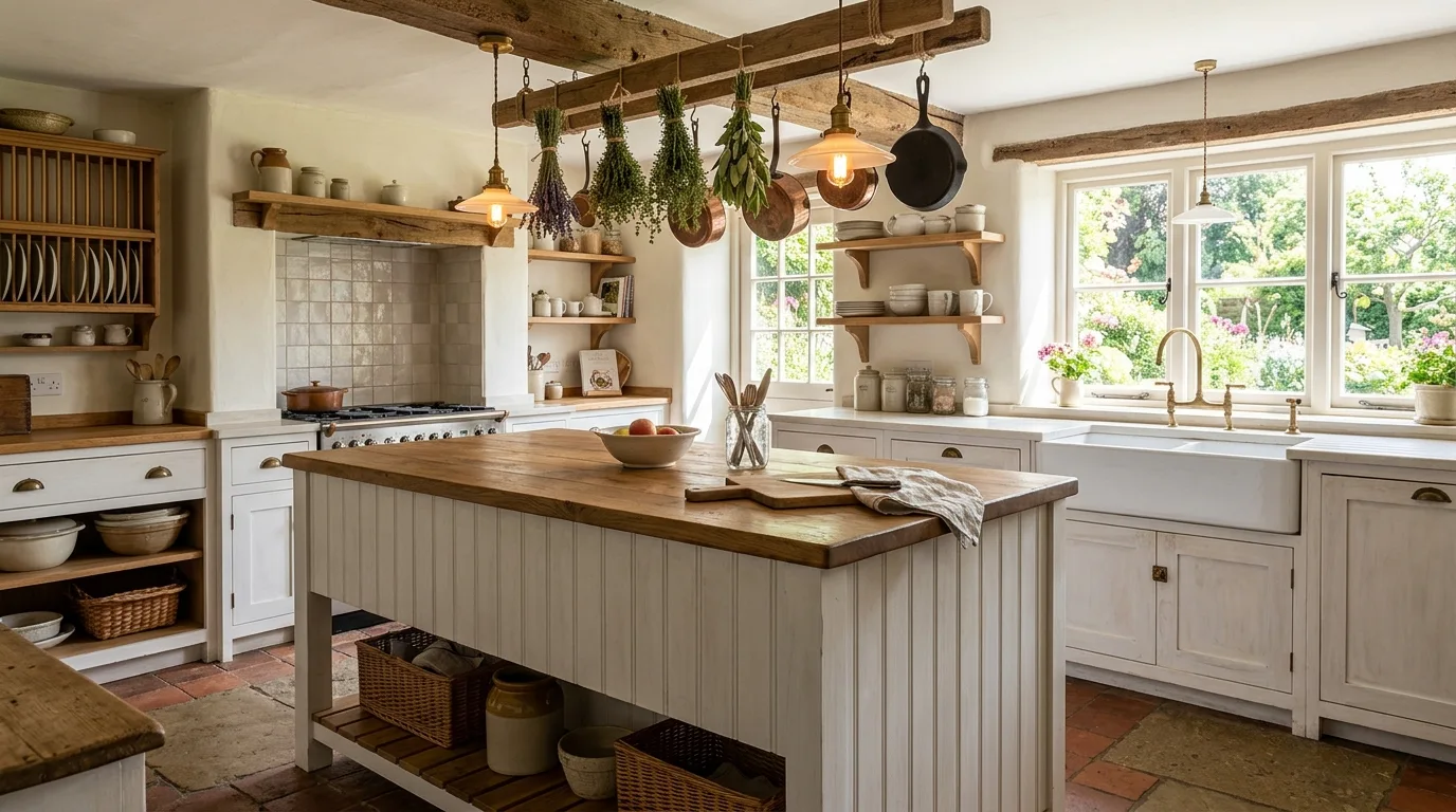 Farmhouse kitchen island with turned legs. Traditional country island form with charming furniture-like detail.