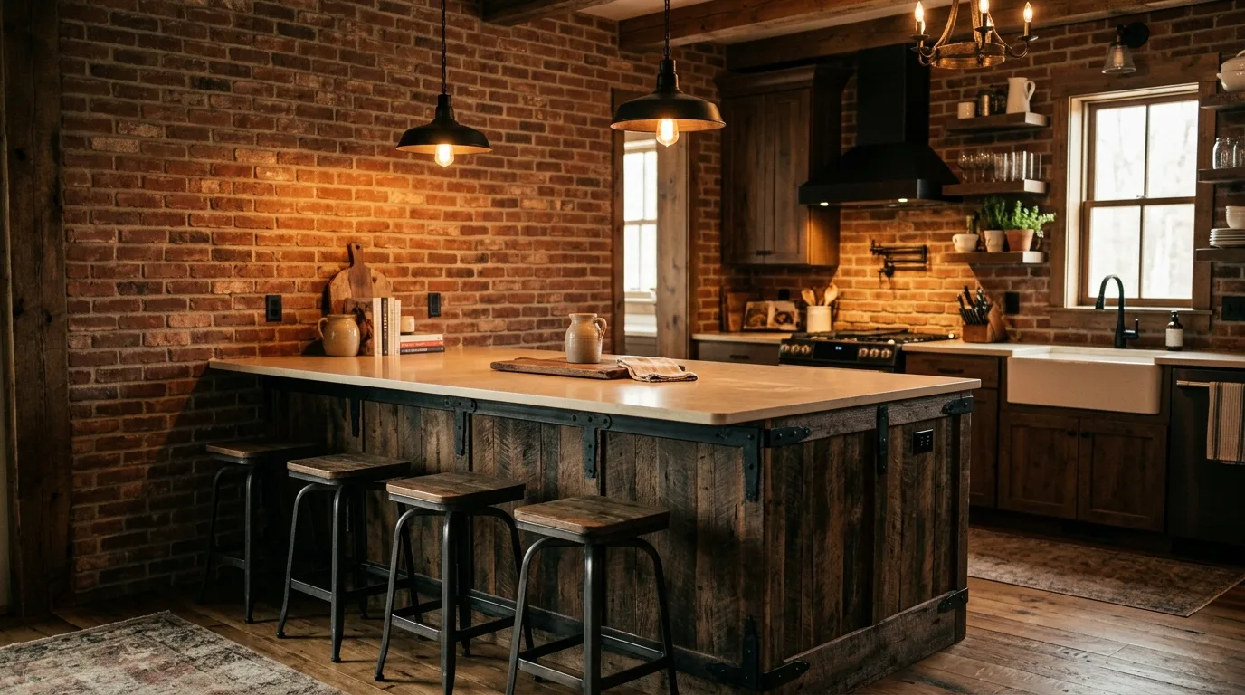 Stone-top rustic farmhouse island. Country kitchen island balancing natural timber and stone.