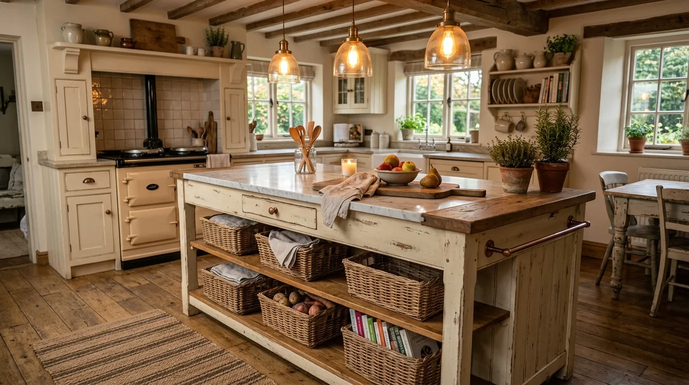 Farmhouse island with vintage stools. Rustic country seating area around warm kitchen centerpiece.