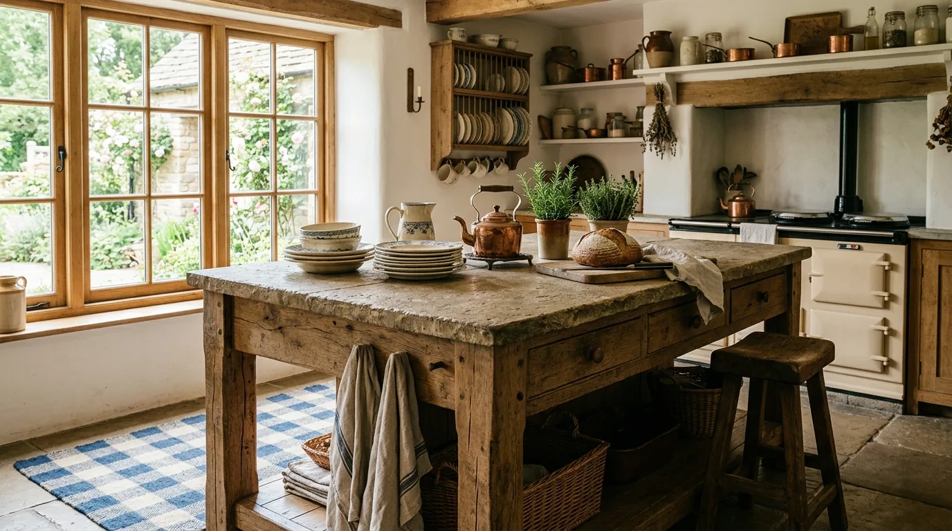Sage farmhouse kitchen island. Country-style island with soft natural color and rustic warmth.