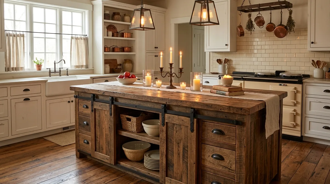White farmhouse island with wood countertop. Bright country kitchen island with classic warm contrast.