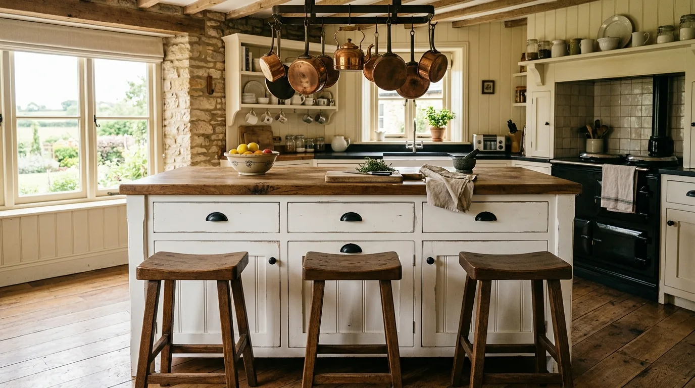 Farmhouse island with hutch-style storage details. Rustic country kitchen island with layered practical charm.