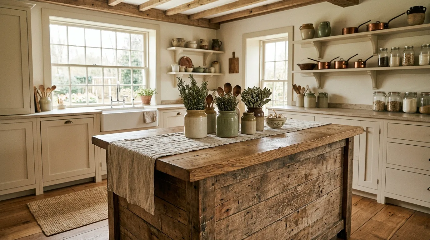 Dark wood island in farmhouse kitchen. Country kitchen centerpiece with rich rustic timber contrast.