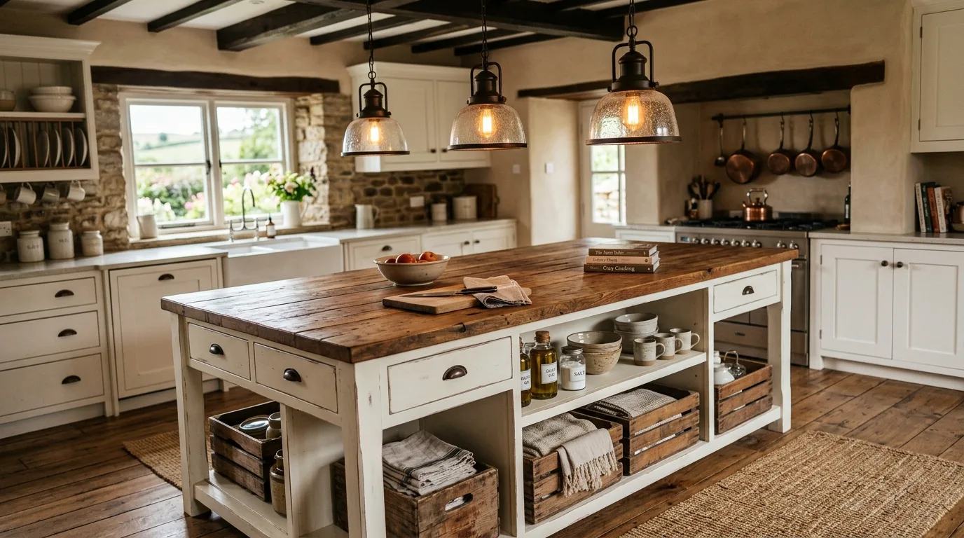 Styled rustic farmhouse island. Country kitchen island with simple warm decorative touches.