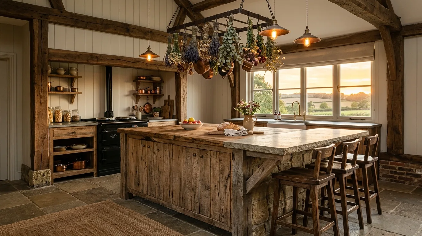 Farmhouse island as heart of the kitchen. Charming country centerpiece designed for warmth and gathering.