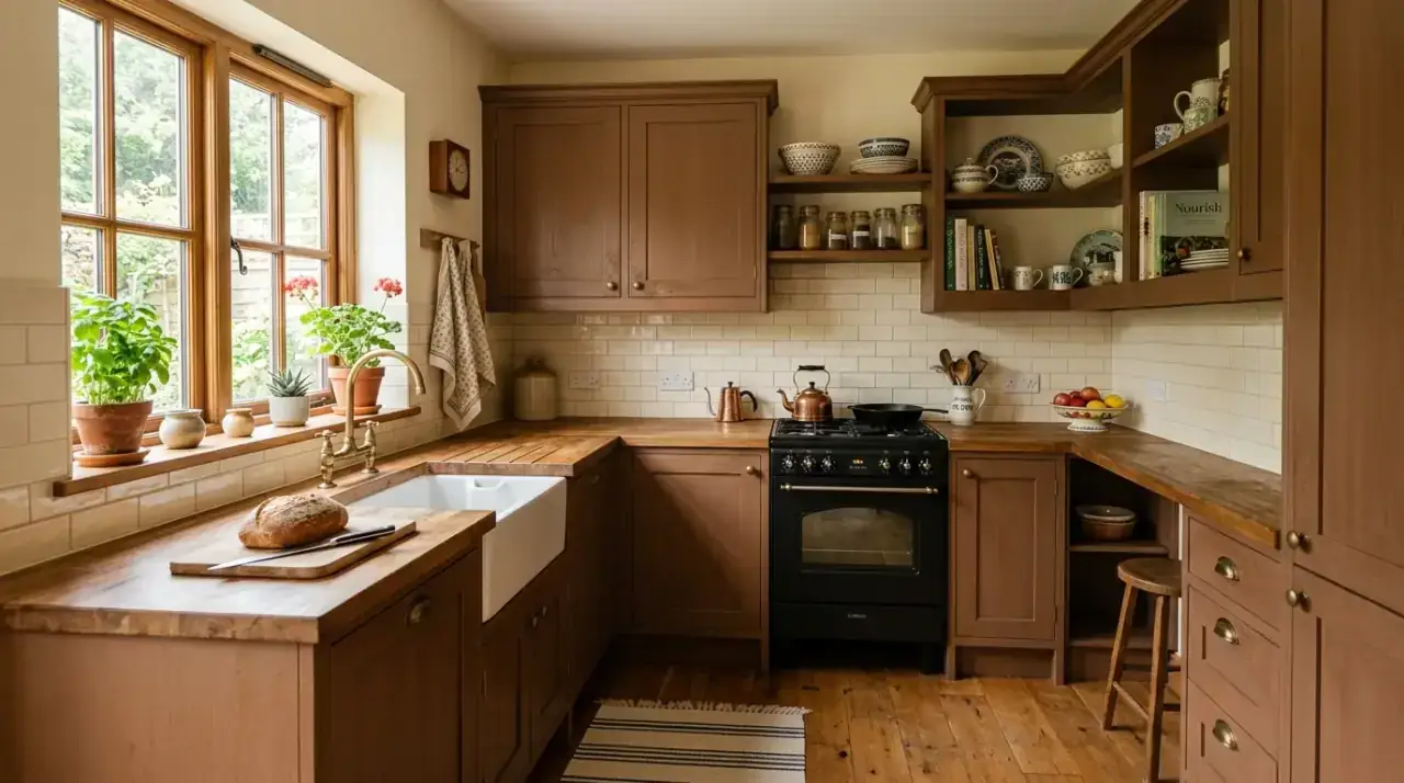 Charming small kitchen with brown cabinets styled for a cozy inviting look.