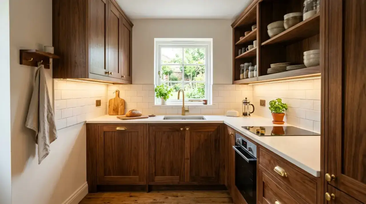 Brown kitchen cabinets with brass. Warm hardware and lighting elevating a cozy small kitchen palette.