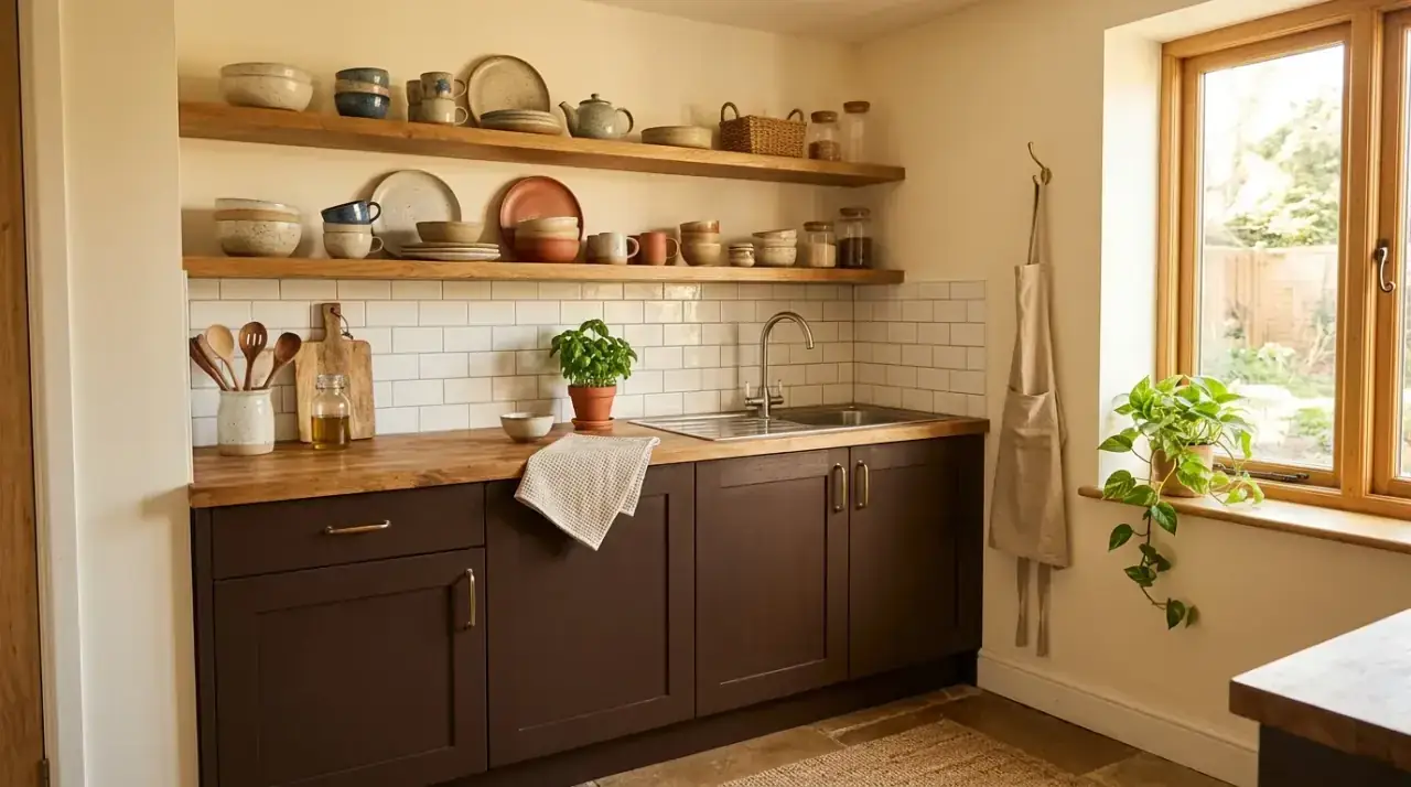 Edited counter decor with brown cabinets. Lighter styling helping a compact brown-cabinet kitchen feel less crowded.