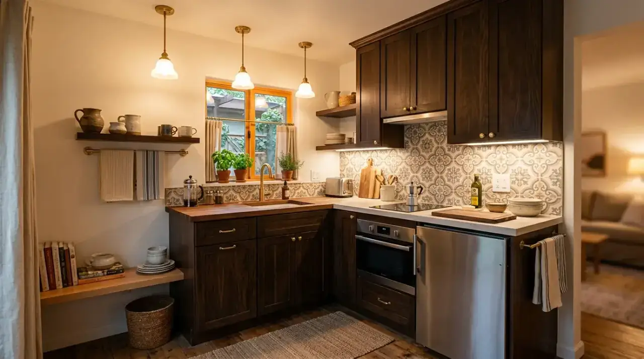 Bright backsplash with brown cabinets. Lighter wall finish opening up a small kitchen with brown cabinetry.