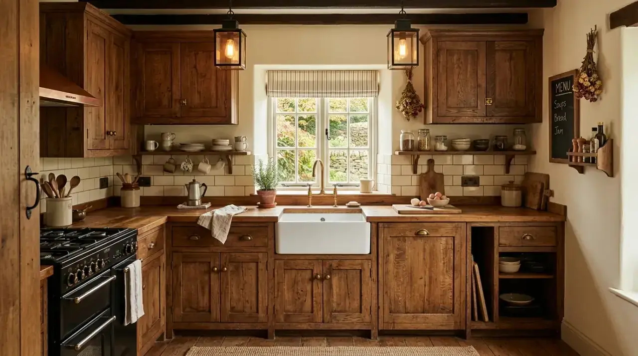 Open shelf brown cabinet kitchen. A little openness reducing the heaviness of a small brown-cabinet kitchen.