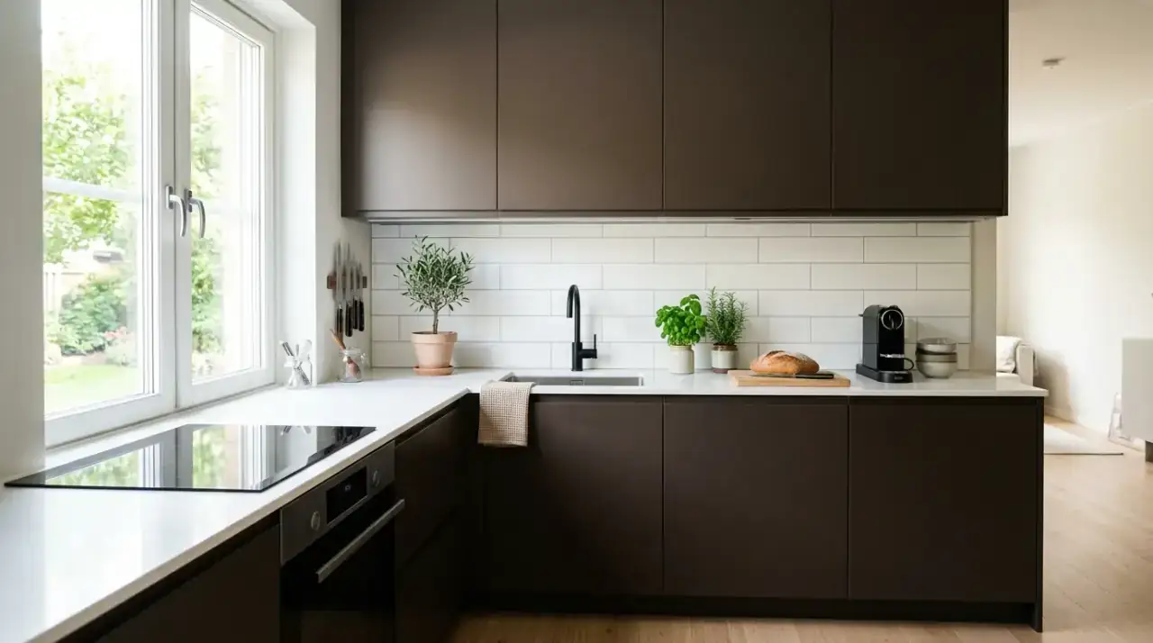 Mixed wood tones in brown kitchen. Layered timber tones adding depth to a cozy small kitchen.