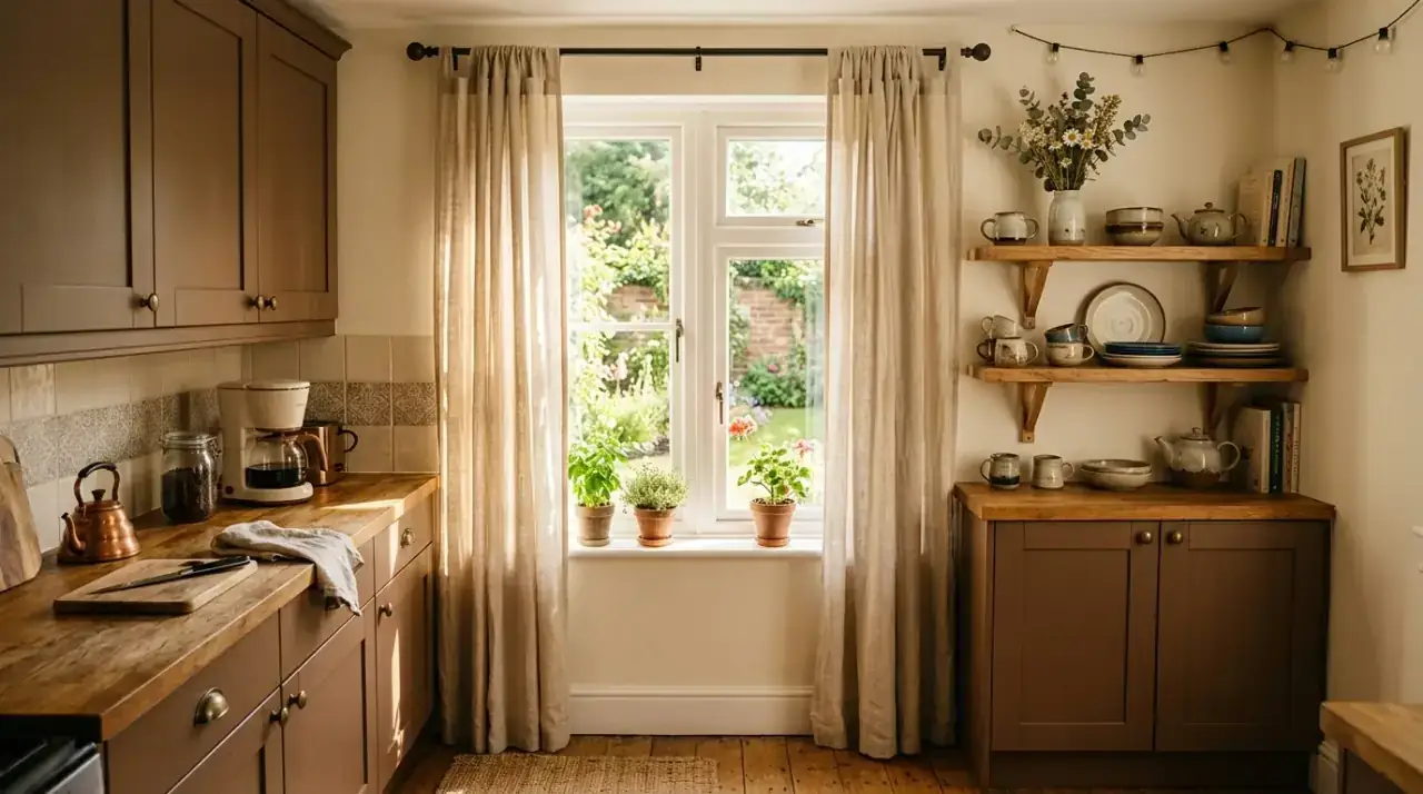 Warm lighting in brown cabinet kitchen. Better light bringing warmth and life to darker small-kitchen cabinetry.