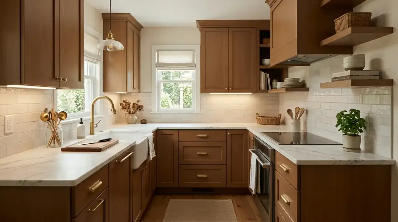 Greenery in brown cabinet kitchen. Fresh plants helping a compact brown kitchen feel lighter and more alive.
