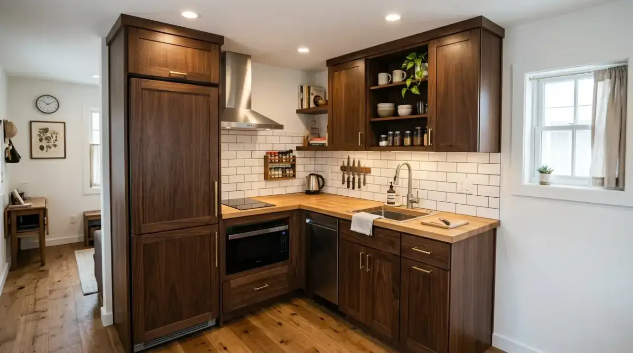 Textiles in brown cabinet kitchen. Soft layered fabrics adding comfort to a small warm-toned kitchen.
