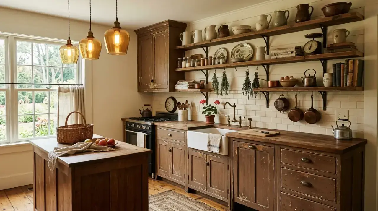 White ceramics with brown cabinets. Lighter display pieces helping a small brown kitchen feel fresher and brighter.