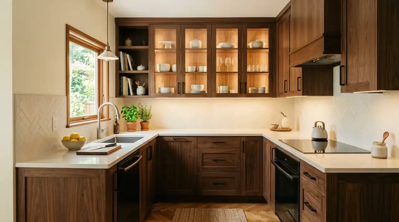 Reflective accents in brown kitchen. Light-bouncing details helping a compact brown-cabinet kitchen feel more open.