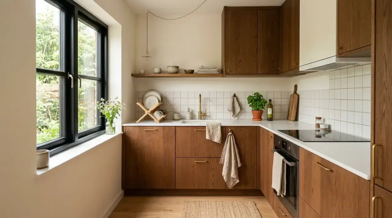 Brown cabinet kitchen overview. Cozy small kitchen styled to balance warm cabinetry with light and texture.