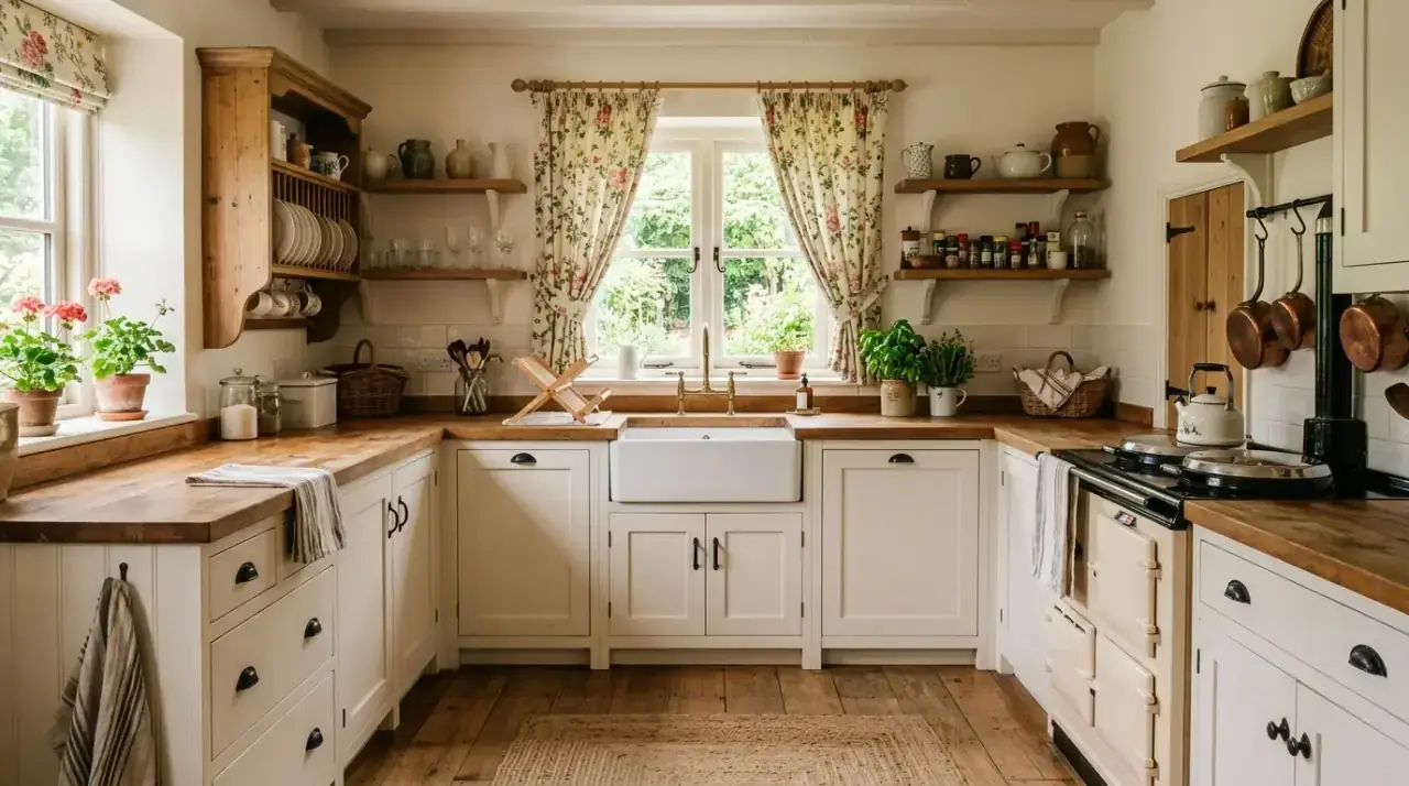 Charming small cottage kitchen with painted cabinetry, open shelving, and cozy country warmth.