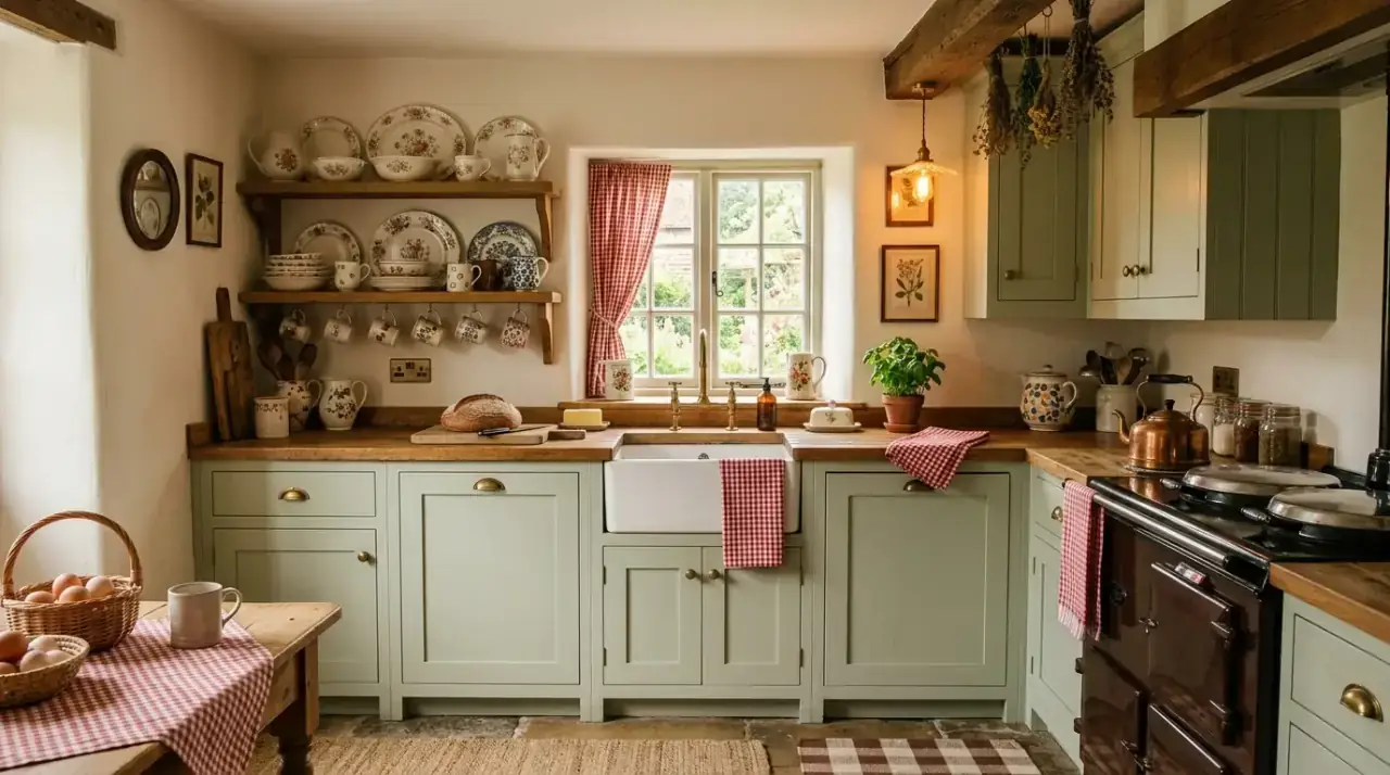 Open shelf cottage kitchen. Charming shelf storage with dishes and jars in a small cottage kitchen.