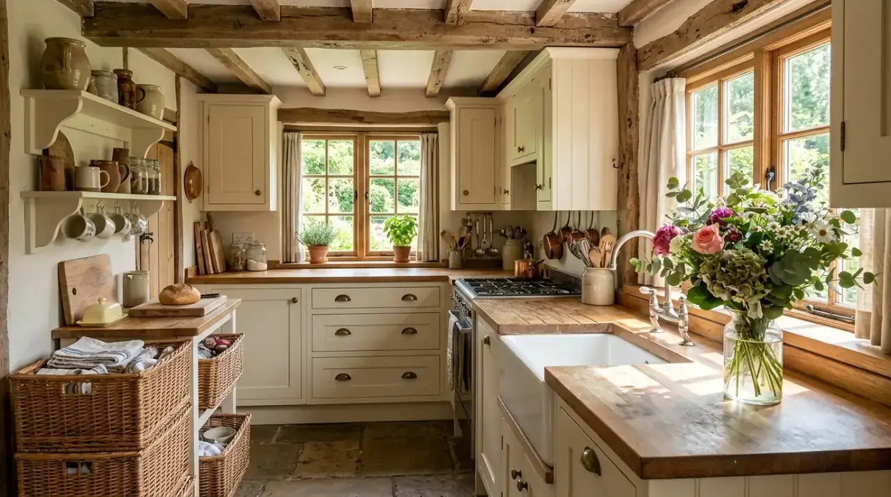 Farmhouse sink cottage kitchen. Classic apron-front sink adding country warmth to the kitchen.