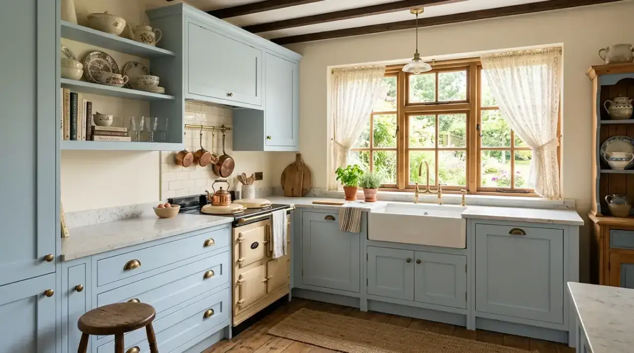 Beadboard cottage kitchen. Cottage-style beadboard adding gentle texture to a compact kitchen.