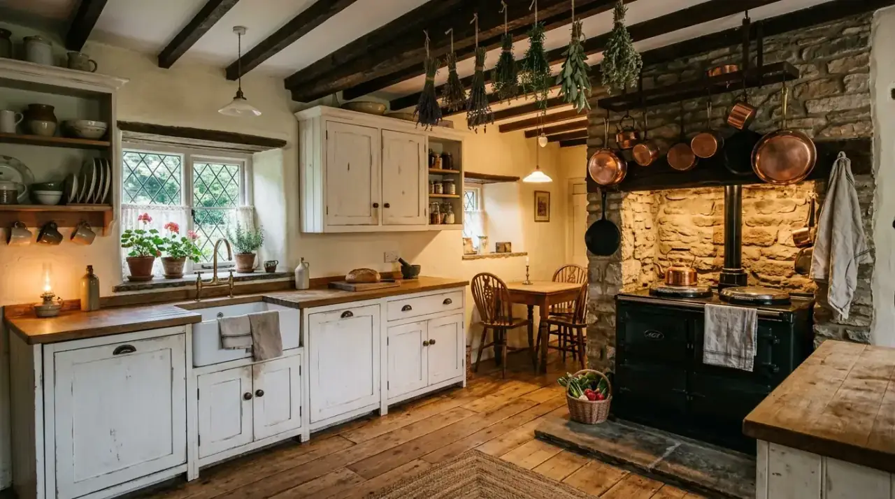 Wood accents cottage kitchen. Natural timber details grounding a cozy country kitchen.