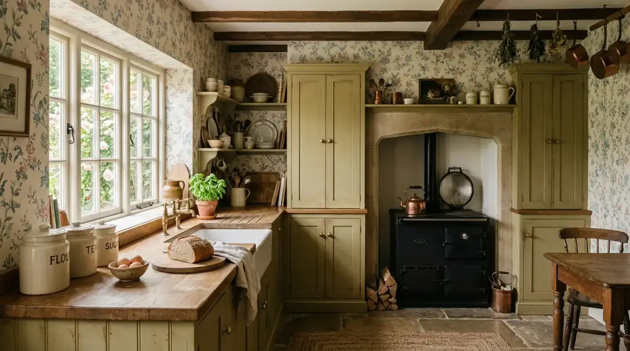 Small cottage kitchen table. Petite farmhouse table adding function without crowding the kitchen.