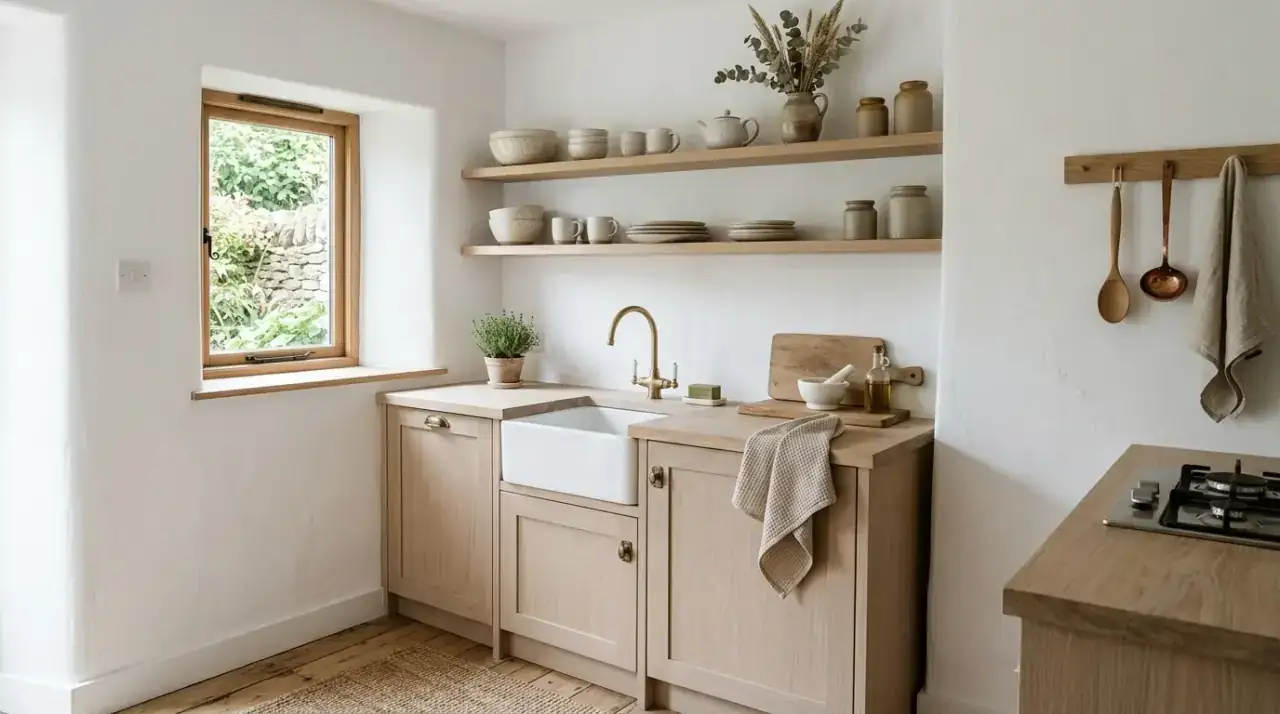 Cottage kitchen textiles. Floral and checked fabrics softening a small country kitchen.