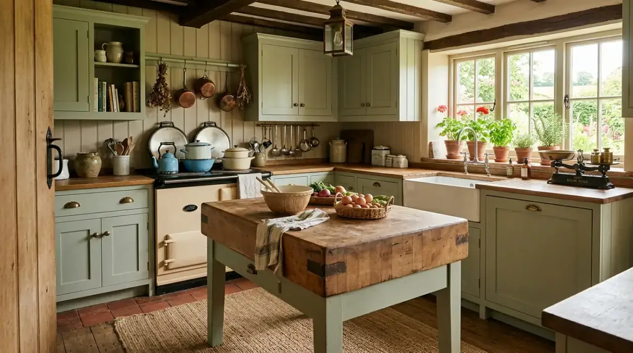Hooks in cottage kitchen. Open wall storage adding function and charm to a compact kitchen.